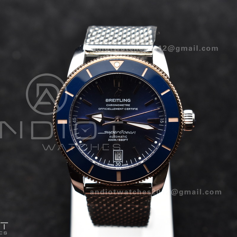 SuperOcean Heritage II BLSF 42mm SS Blue Dial Blue Ceramic Bezel on RG Bezel and Mesh Bracelet A2824